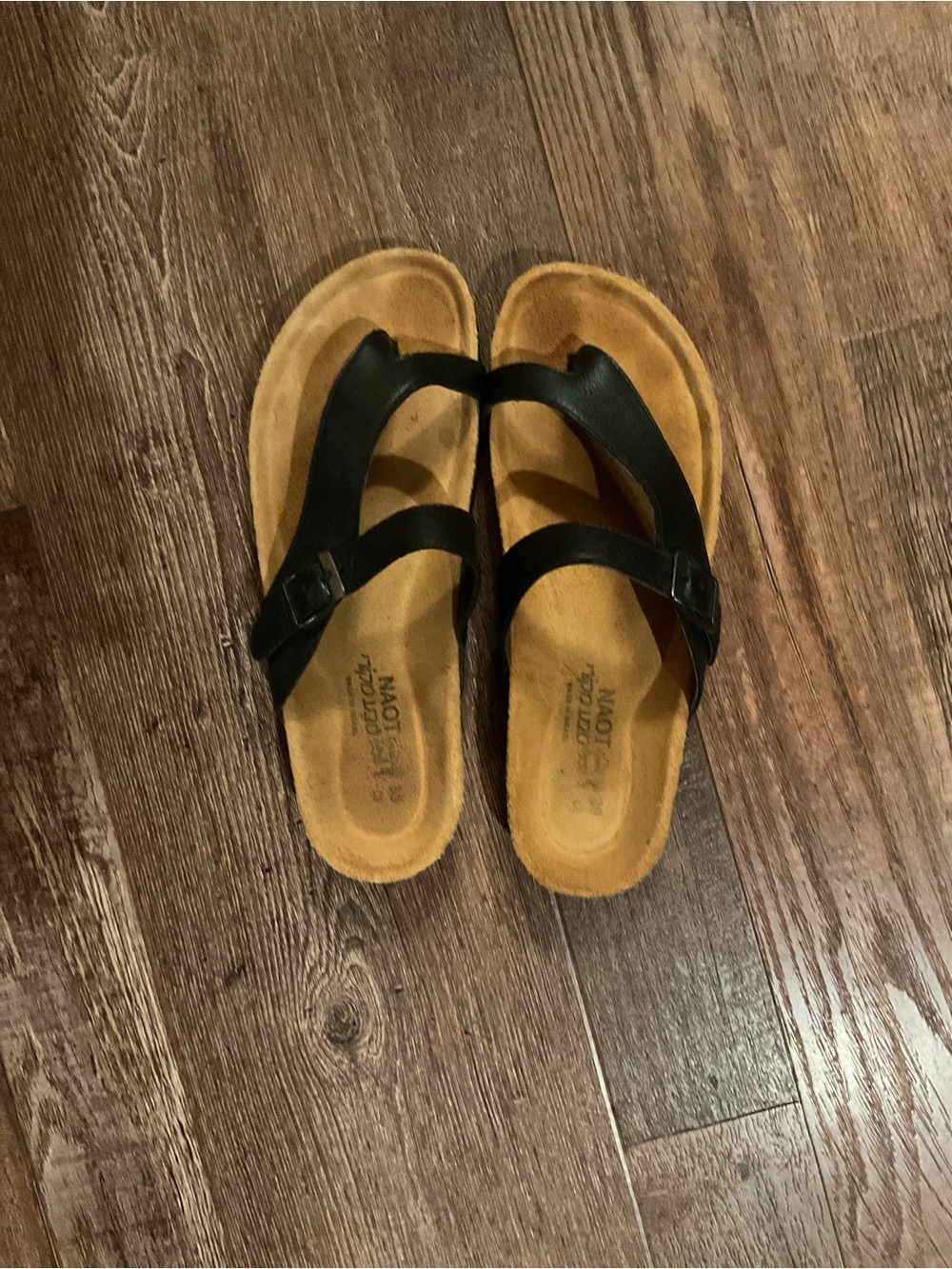 Naot Black Strappy Sandals with Tan Footbed